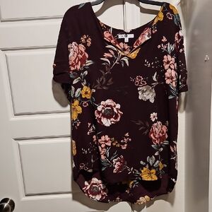 DR2 Floral V-Neck Blouse - Burgundy and Multicolor
